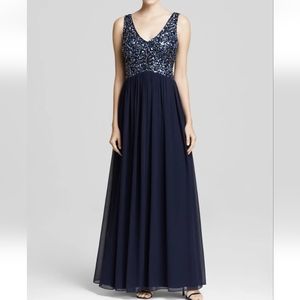 Navy Blue Sequin Tank V Neck A Line Formal Gown